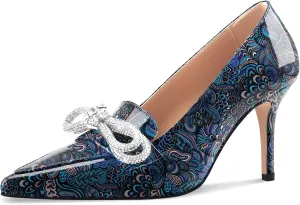 Oh Mispares Women's High Heel Pumps Pointed Toe Rhinestone Bow Pumps Closed Toe Stilettos Bridal Heels Slip On Office Wedding Party Dress Shoes 3.5 Inch