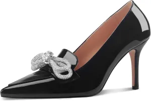 Oh Mispares Women's High Heel Pumps Pointed Toe Rhinestone Bow Pumps Closed Toe Stilettos Bridal Heels Slip On Office Wedding Party Dress Shoes 3.5 Inch