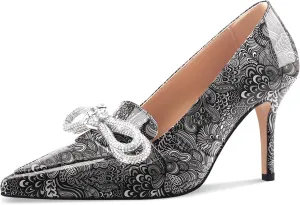 Oh Mispares Women's High Heel Pumps Pointed Toe Rhinestone Bow Pumps Closed Toe Stilettos Bridal Heels Slip On Office Wedding Party Dress Shoes 3.5 Inch