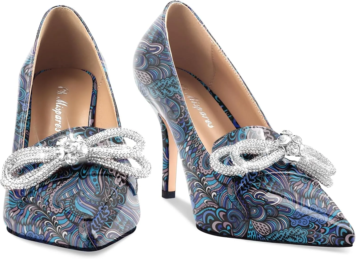 Oh Mispares Women's High Heel Pumps Pointed Toe Rhinestone Bow Pumps Closed Toe Stilettos Bridal Heels Slip On Office Wedding Party Dress Shoes 3.5 Inch