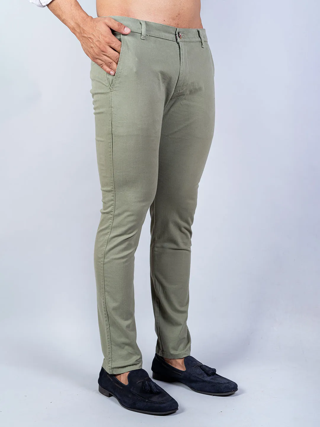 Olive Green Solid Cotton Twill Trouser