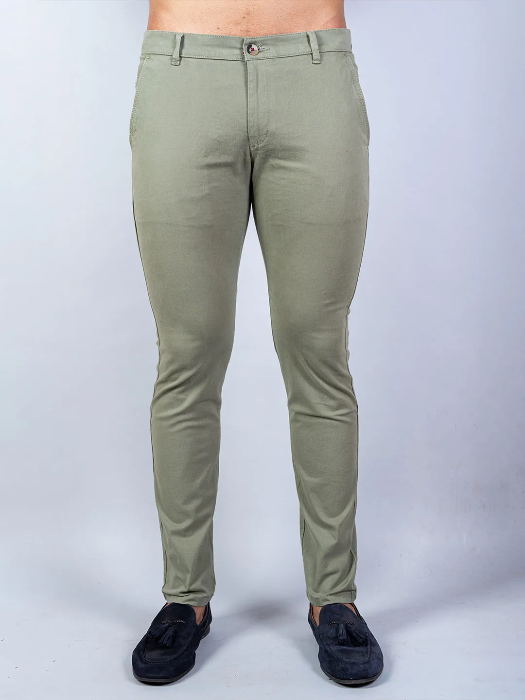 Olive Green Solid Cotton Twill Trouser