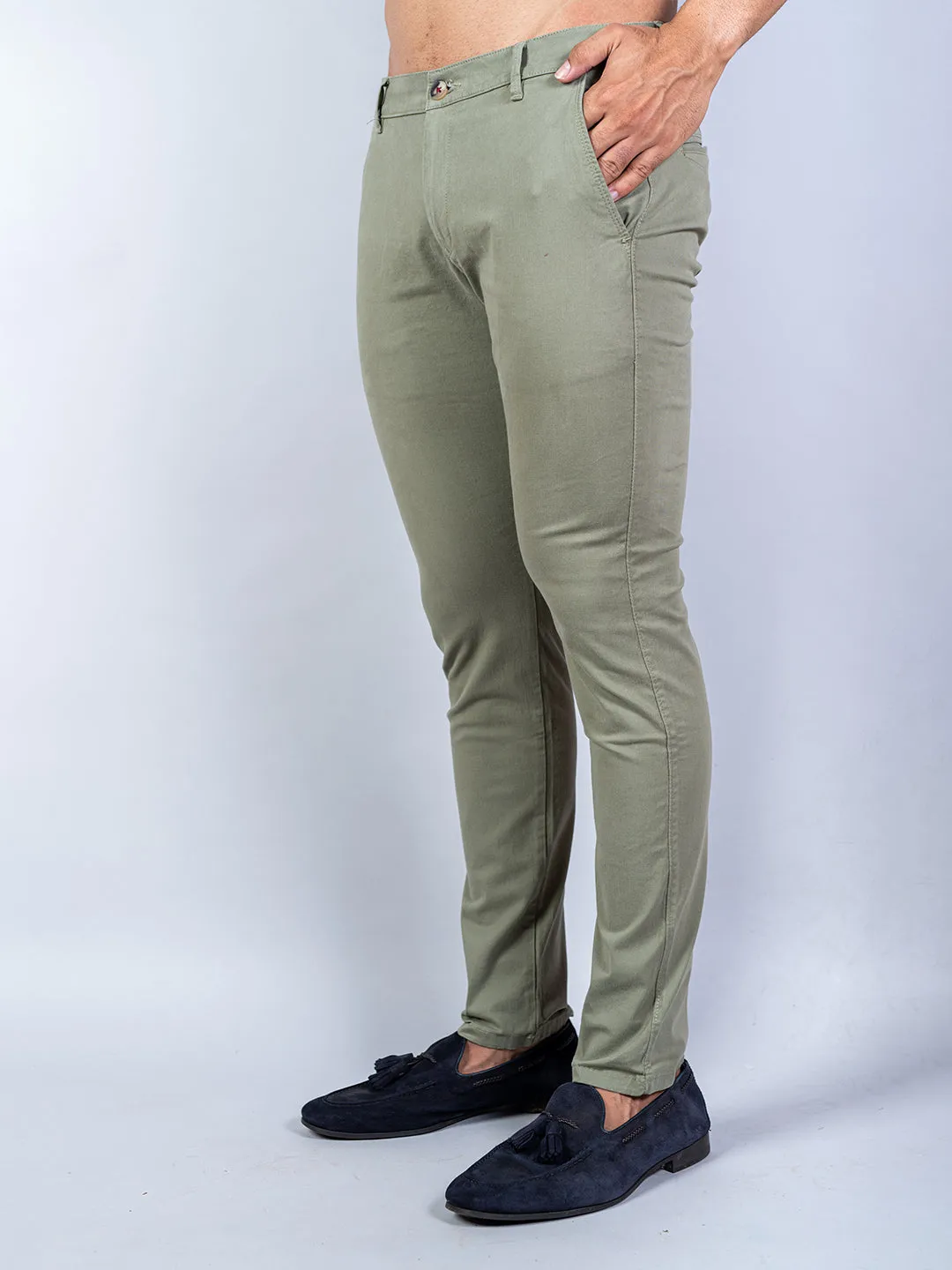 Olive Green Solid Cotton Twill Trouser