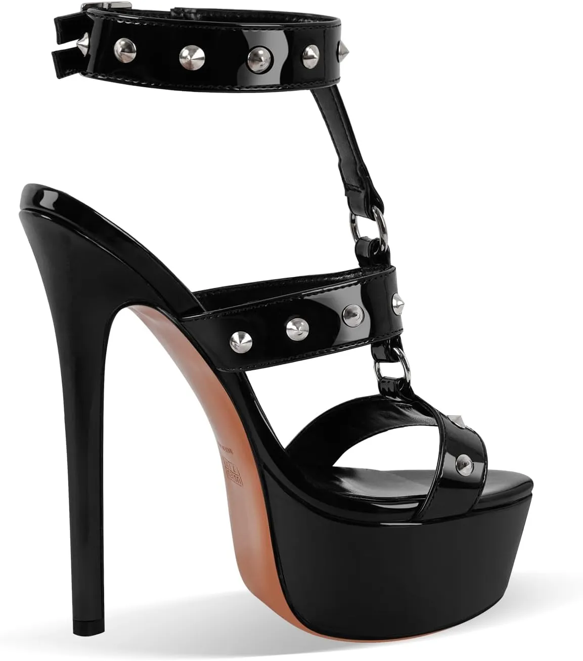 onlymaker Open Toe Stiletto Heeled Platform Sandals for Women T-strappy Buckle up Rivet Studded Open-back Summer Sandals