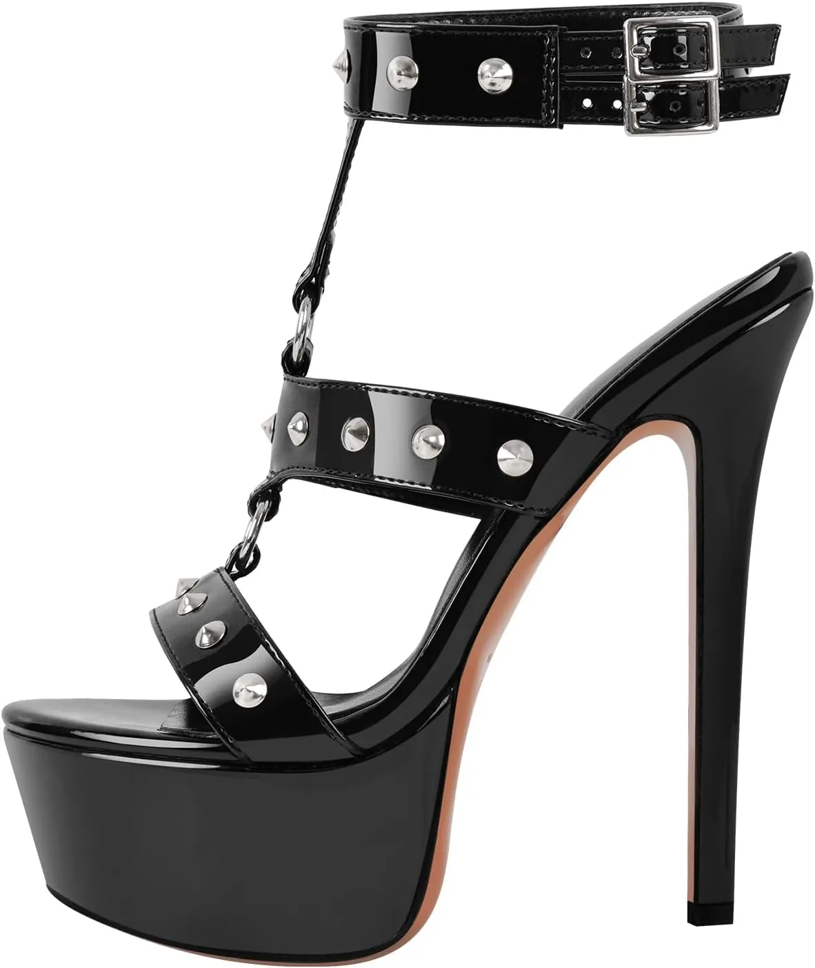 onlymaker Open Toe Stiletto Heeled Platform Sandals for Women T-strappy Buckle up Rivet Studded Open-back Summer Sandals
