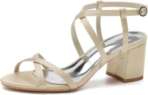 Open Toe Satin Strappy Block Heels Wedding Shoes for Bride Low Heels White Bridal Shoes Ankle Strap White Heels Prom Evening Party Dress Shoes Pumps for Women