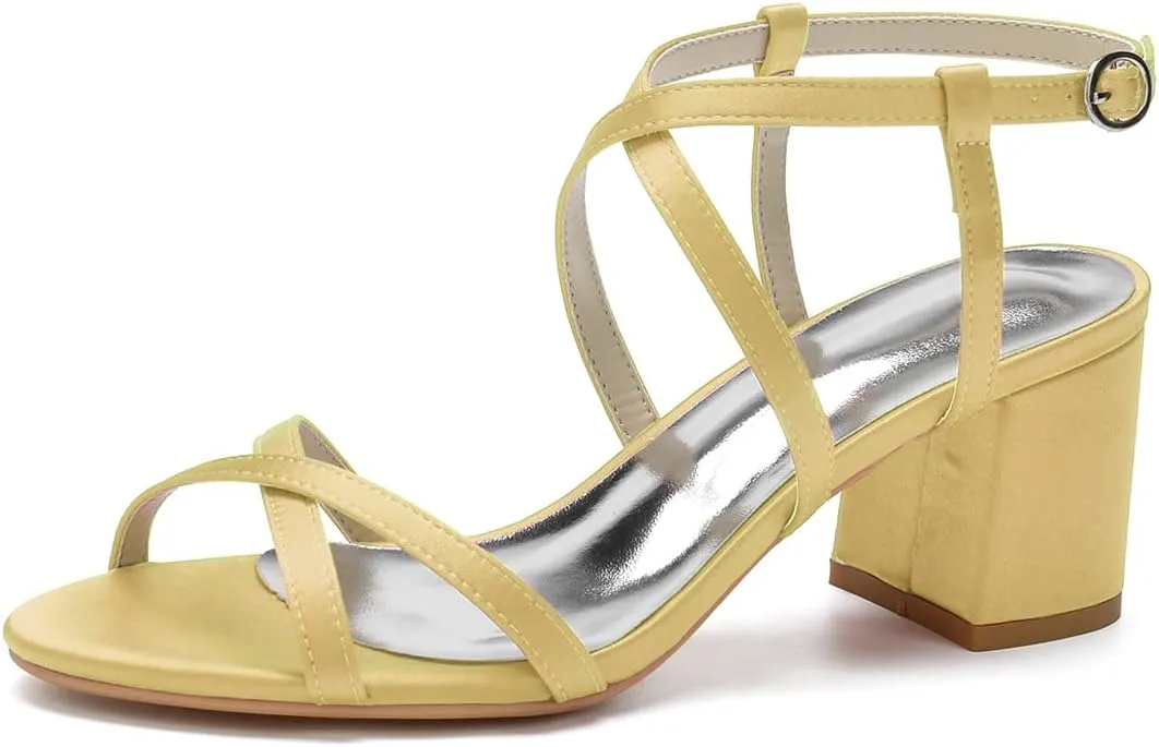 Open Toe Satin Strappy Block Heels Wedding Shoes for Bride Low Heels White Bridal Shoes Ankle Strap White Heels Prom Evening Party Dress Shoes Pumps for Women