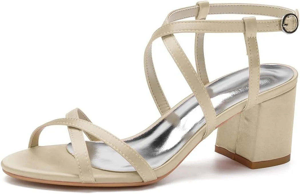Open Toe Satin Strappy Block Heels Wedding Shoes for Bride Low Heels White Bridal Shoes Ankle Strap White Heels Prom Evening Party Dress Shoes Pumps for Women