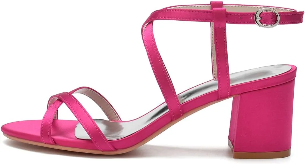 Open Toe Satin Strappy Block Heels Wedding Shoes for Bride Low Heels White Bridal Shoes Ankle Strap White Heels Prom Evening Party Dress Shoes Pumps for Women