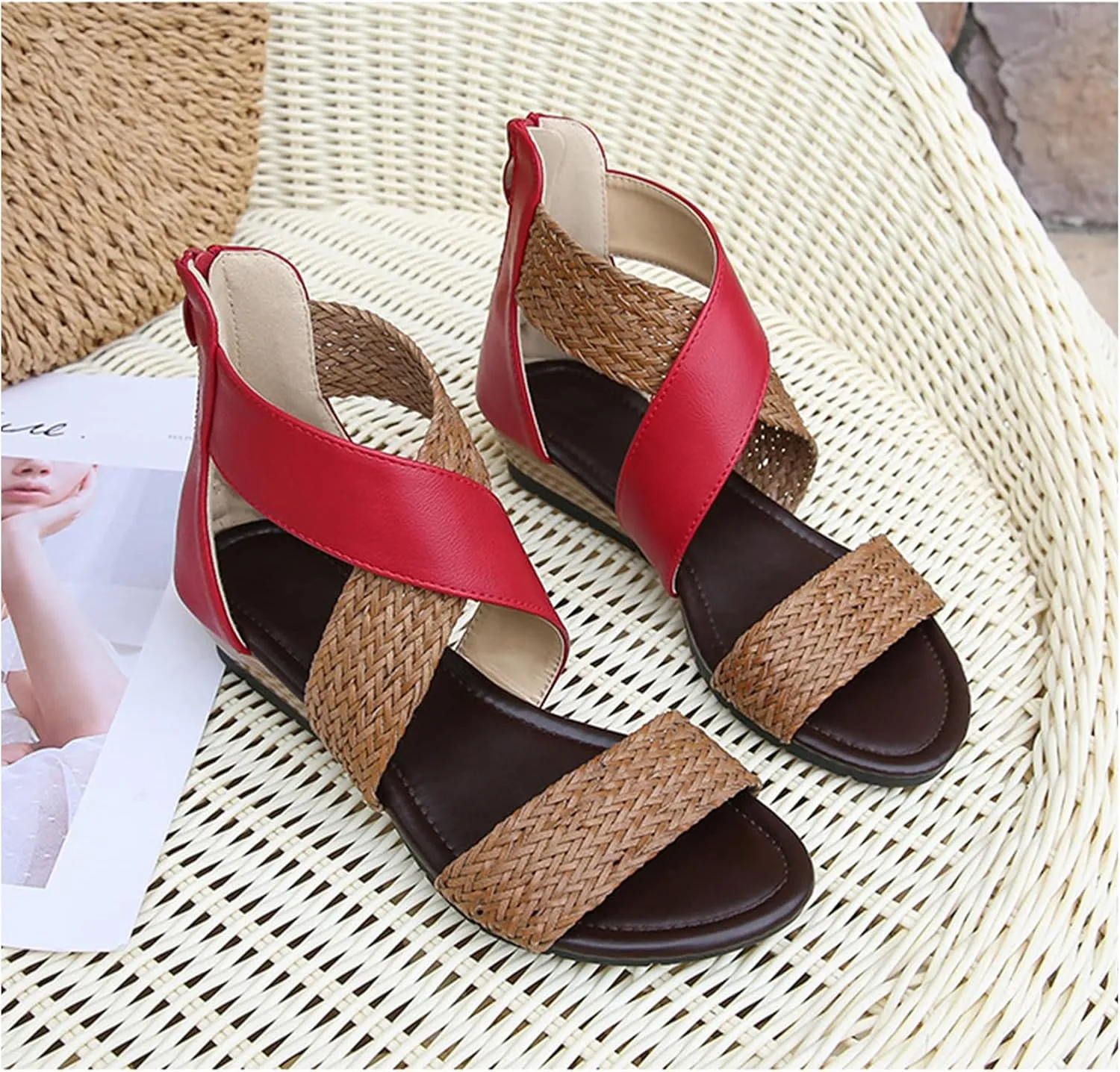 ORNVEION Women's Crossover Woven Low Wedges Rome Sandals,Bohemian Retro Non-Slip Back Zipper Casual Beach Walking Soft Flats Platform Dressy Sandals