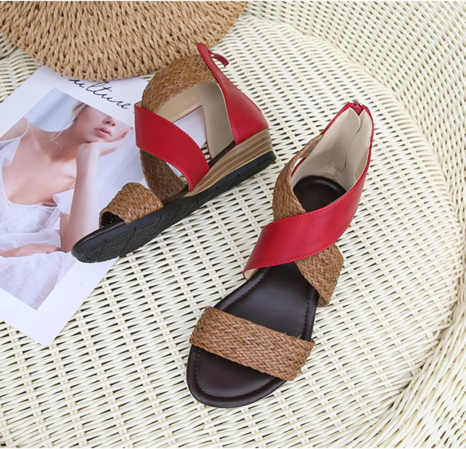 ORNVEION Women's Crossover Woven Low Wedges Rome Sandals,Bohemian Retro Non-Slip Back Zipper Casual Beach Walking Soft Flats Platform Dressy Sandals