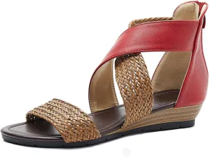 ORNVEION Women's Crossover Woven Low Wedges Rome Sandals,Bohemian Retro Non-Slip Back Zipper Casual Beach Walking Soft Flats Platform Dressy Sandals