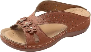 Orthopedic Sandals for Women 2025 Casual Vintage Flats Embroidered Vintage Hollow Summer Slippers Casual Outdoor Round Toe Shoes Fashion Flat Cute Floral Slide