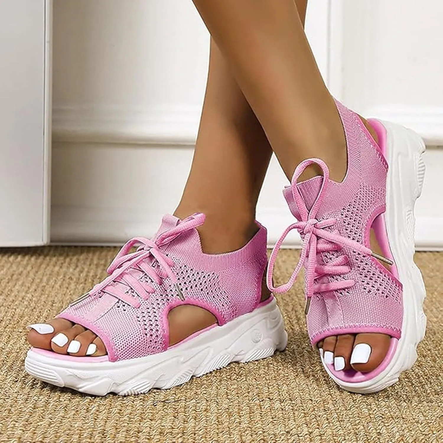 Orthopedic Wedge Sandals for Women Non Slip Cutout Lace-Up Muffin Sandals for Women Recovery Sport Outdoor Hiking Water Sandal Comfortable Outdoor Shoes