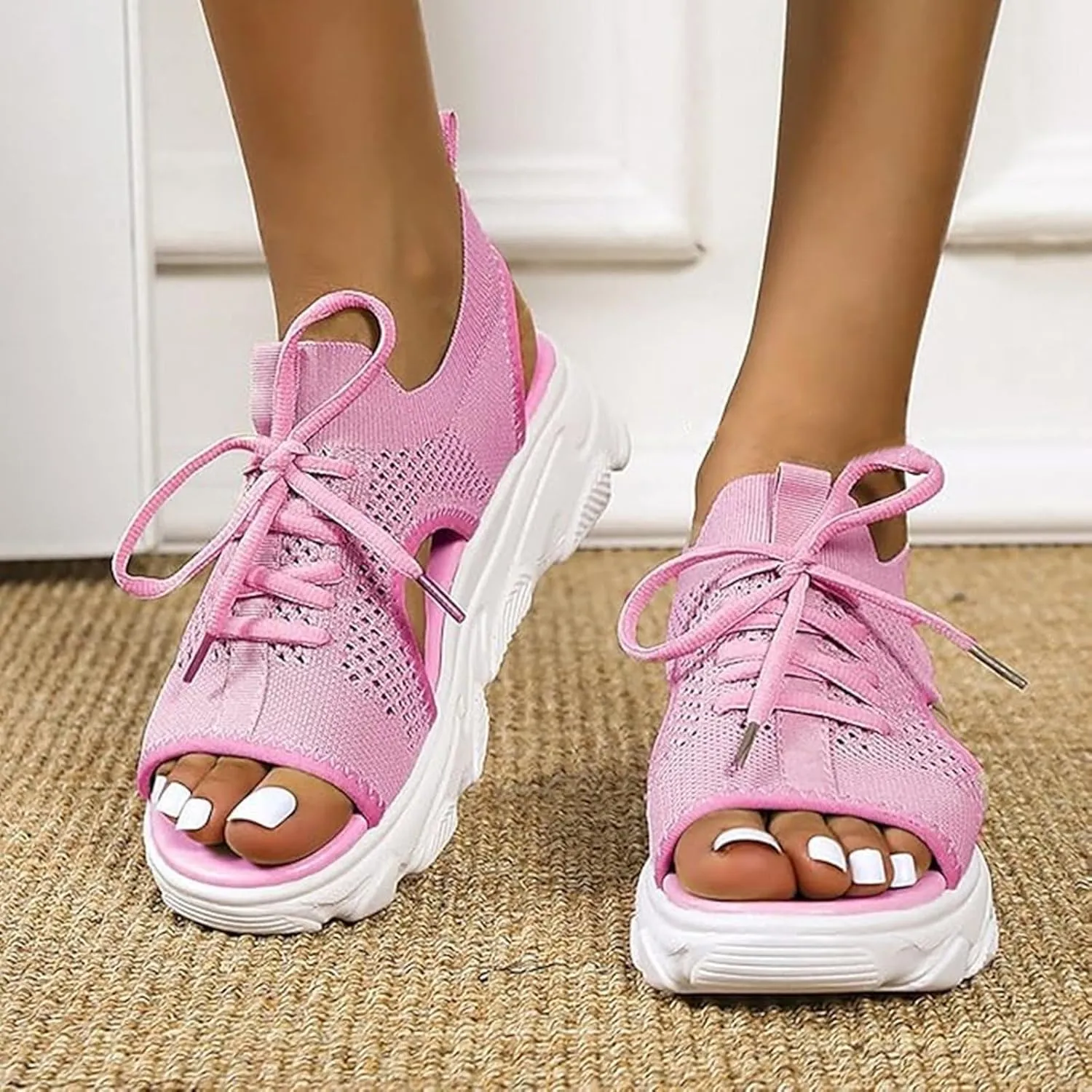 Orthopedic Wedge Sandals for Women Non Slip Cutout Lace-Up Muffin Sandals for Women Recovery Sport Outdoor Hiking Water Sandal Comfortable Outdoor Shoes