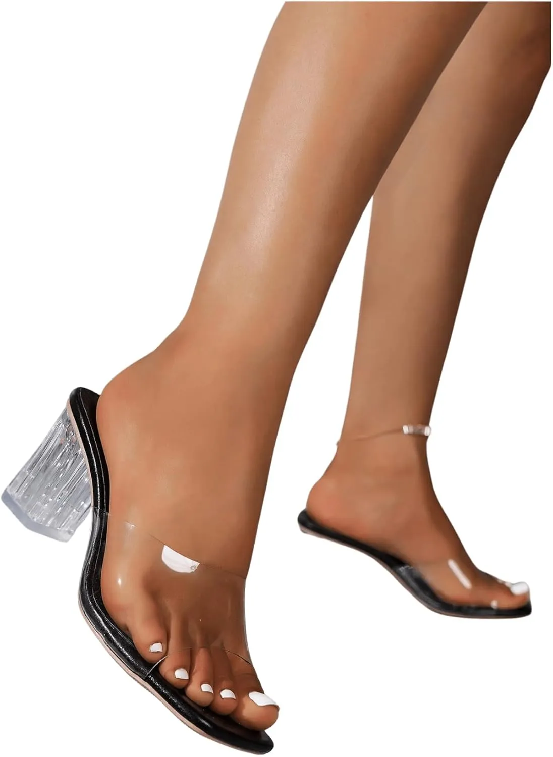 OYOANGLE Women's Clear Single Band Mid Block Heeled Sandals Square Open Toe Transparent Heel Sandals