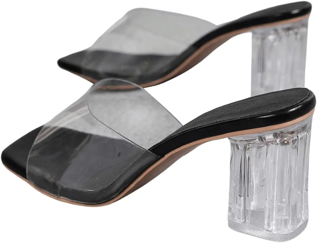 OYOANGLE Women's Clear Single Band Mid Block Heeled Sandals Square Open Toe Transparent Heel Sandals