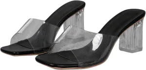 OYOANGLE Women's Clear Single Band Mid Block Heeled Sandals Square Open Toe Transparent Heel Sandals