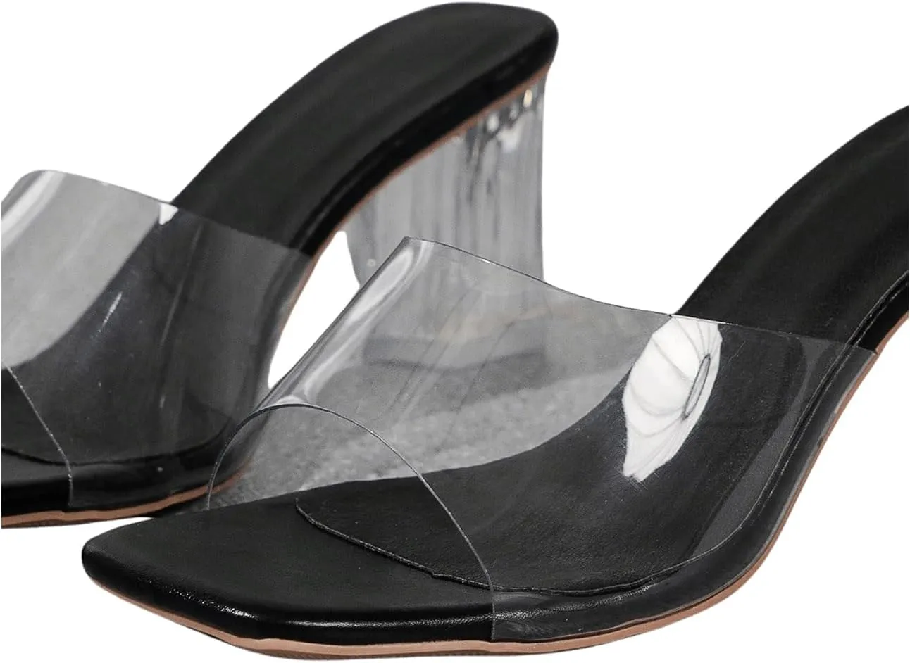 OYOANGLE Women's Clear Single Band Mid Block Heeled Sandals Square Open Toe Transparent Heel Sandals