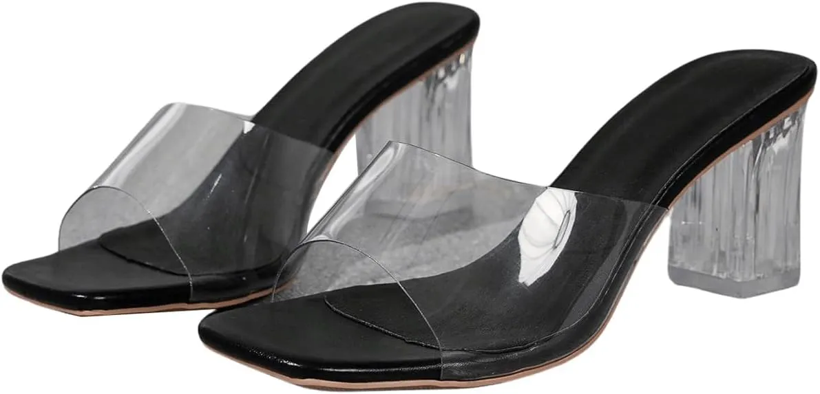 OYOANGLE Women's Clear Single Band Mid Block Heeled Sandals Square Open Toe Transparent Heel Sandals