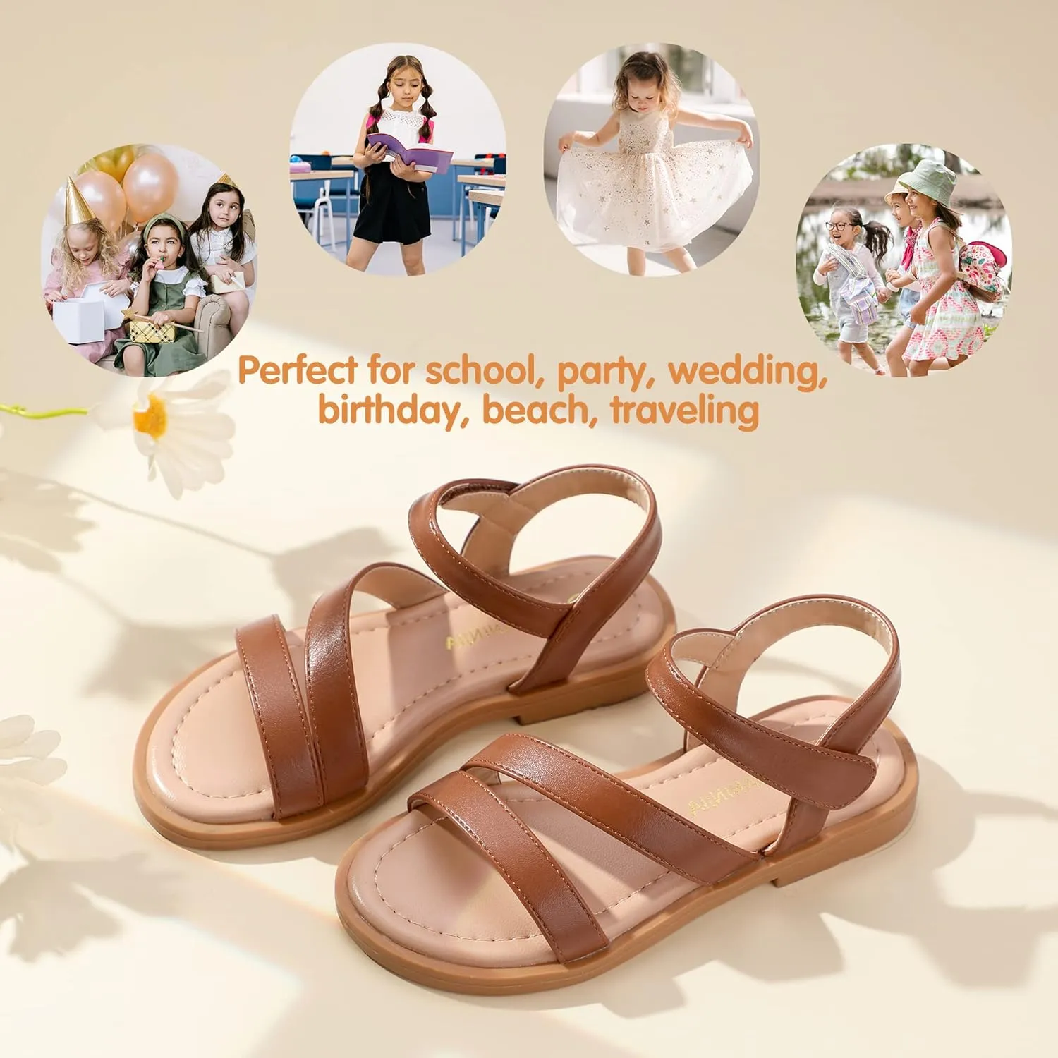 PANDANINJIA Girls Sandals Monica Summer Open Toe Flats Shoes Dress Sandals for Toddler Little Kid Big Kid