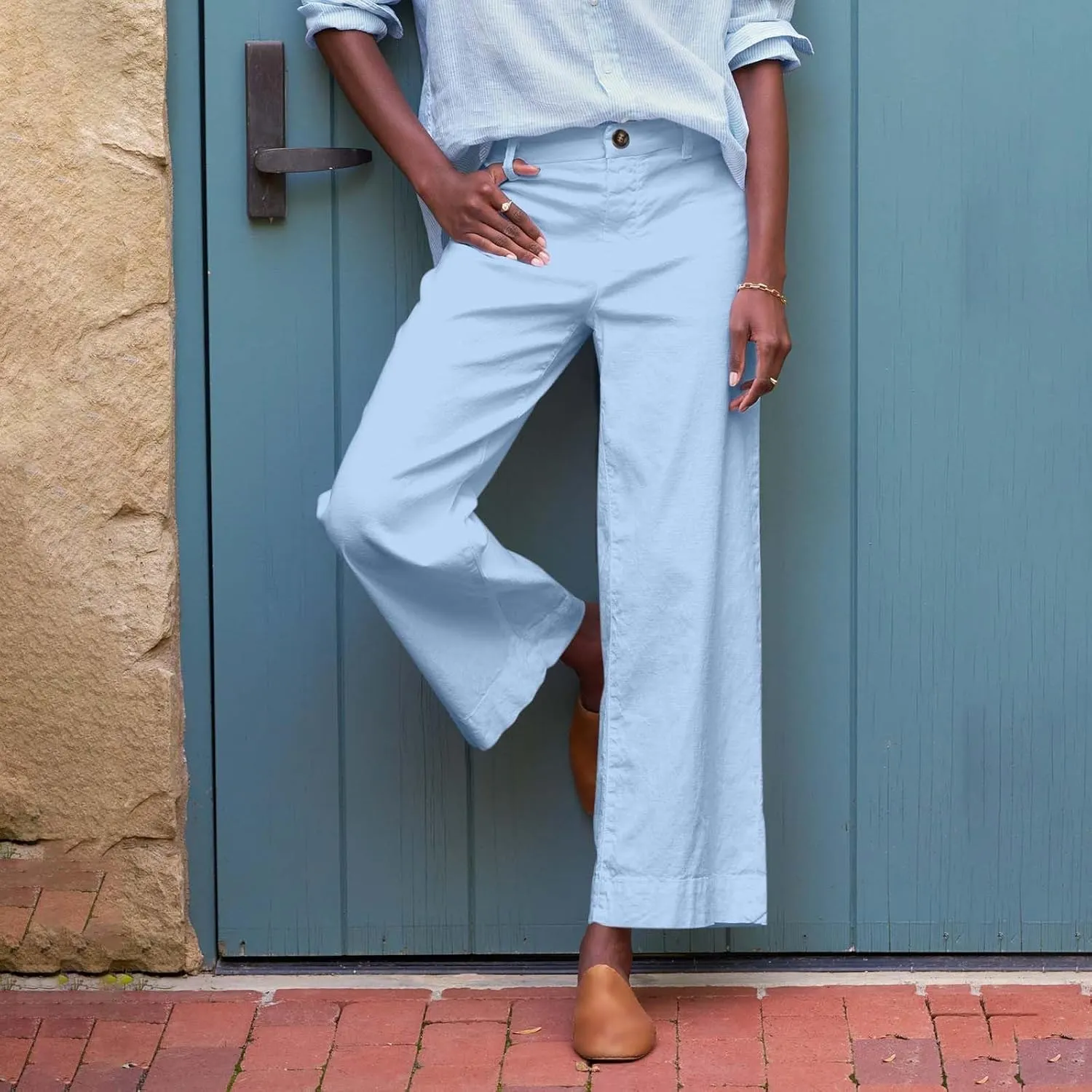Pants for Women Trendy Casual Daily Elastic Waist Pant with Pockets Solid Color Loose Fashionable Straight Trousers