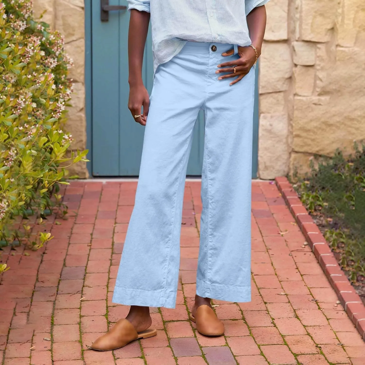 Pants for Women Trendy Casual Daily Elastic Waist Pant with Pockets Solid Color Loose Fashionable Straight Trousers