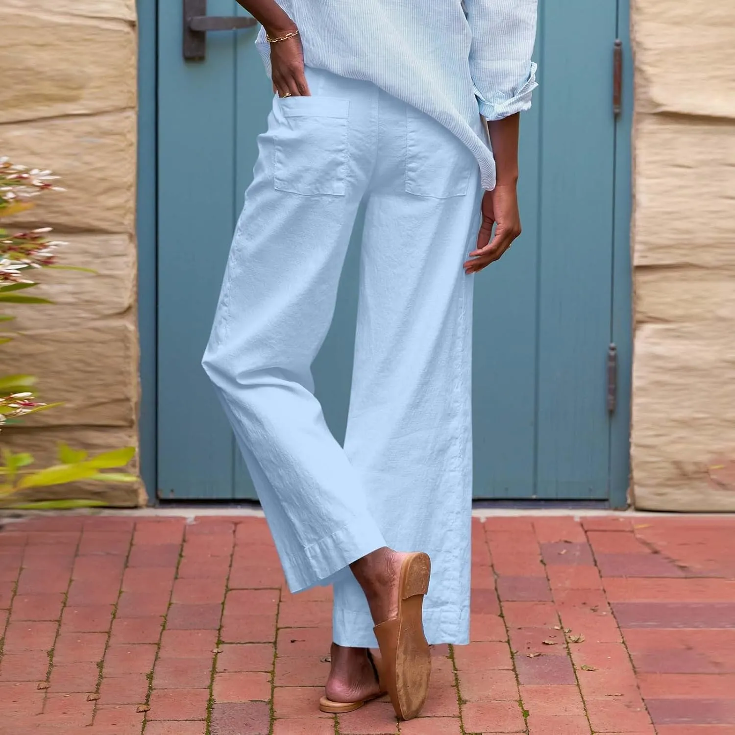 Pants for Women Trendy Casual Daily Elastic Waist Pant with Pockets Solid Color Loose Fashionable Straight Trousers