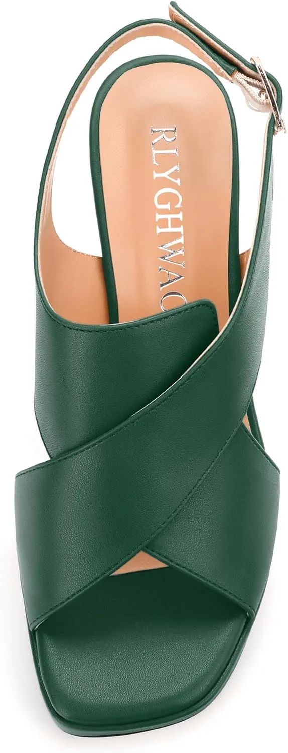 Platform Sandals, Buckle Slingback High Heels for Women, Square Open Toe Fashion Solid Block Heeled Sandal