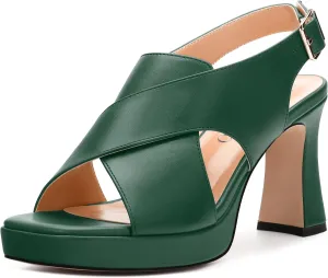 Platform Sandals, Buckle Slingback High Heels for Women, Square Open Toe Fashion Solid Block Heeled Sandal