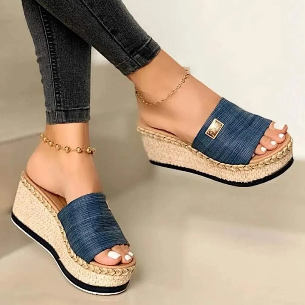 Platform Sandals Women Fashion Sandals Wedge Platform Slide Sandals Casual Open Toe Sandals Espadrille Wedge Sandals Slip On Platform Sandals Dressy Comfortable Walking Sandals Slippers (a-Blue, 8)
