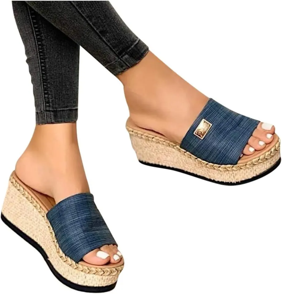Platform Sandals Women Fashion Sandals Wedge Platform Slide Sandals Casual Open Toe Sandals Espadrille Wedge Sandals Slip On Platform Sandals Dressy Comfortable Walking Sandals Slippers (a-Blue, 8)