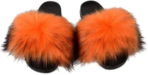 QMFUR Women's Vegan Faux Fur Slippers Fuzzy Slides Fluffy Sandals Open Toe Indoor Outdoor