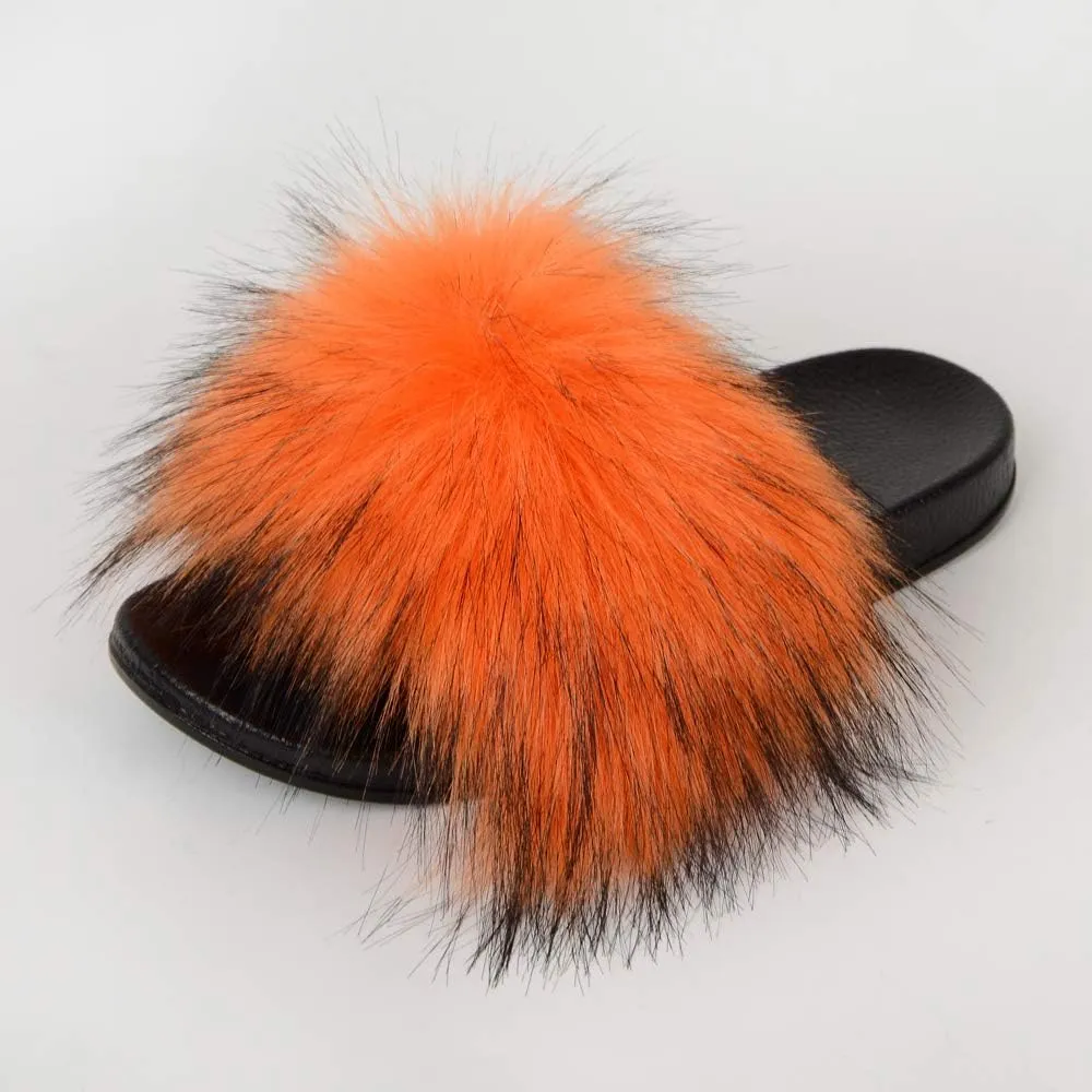 QMFUR Women's Vegan Faux Fur Slippers Fuzzy Slides Fluffy Sandals Open Toe Indoor Outdoor