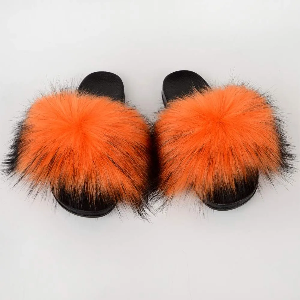 QMFUR Women's Vegan Faux Fur Slippers Fuzzy Slides Fluffy Sandals Open Toe Indoor Outdoor