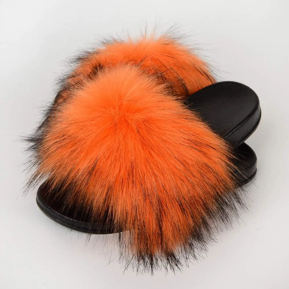 QMFUR Women's Vegan Faux Fur Slippers Fuzzy Slides Fluffy Sandals Open Toe Indoor Outdoor