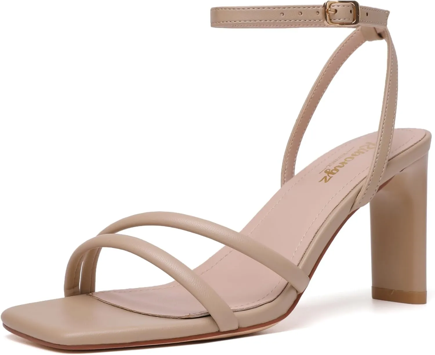 RIBONGZ Womens Strappy Heels Square Open Toe High Heels for Women Ankle Strap Chunky Heeled Sandals Wedding Bridal Shoes Comfort High Heel Sandals Dress Party Shoes