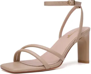 RIBONGZ Womens Strappy Heels Square Open Toe High Heels for Women Ankle Strap Chunky Heeled Sandals Wedding Bridal Shoes Comfort High Heel Sandals Dress Party Shoes