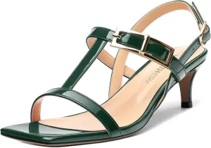 ROSERWISH Women's Low kitten heel Strappy Sandals Open Square Toe Slingback Patent Heels 2 Inch Fashion Comfort Dress Shoes