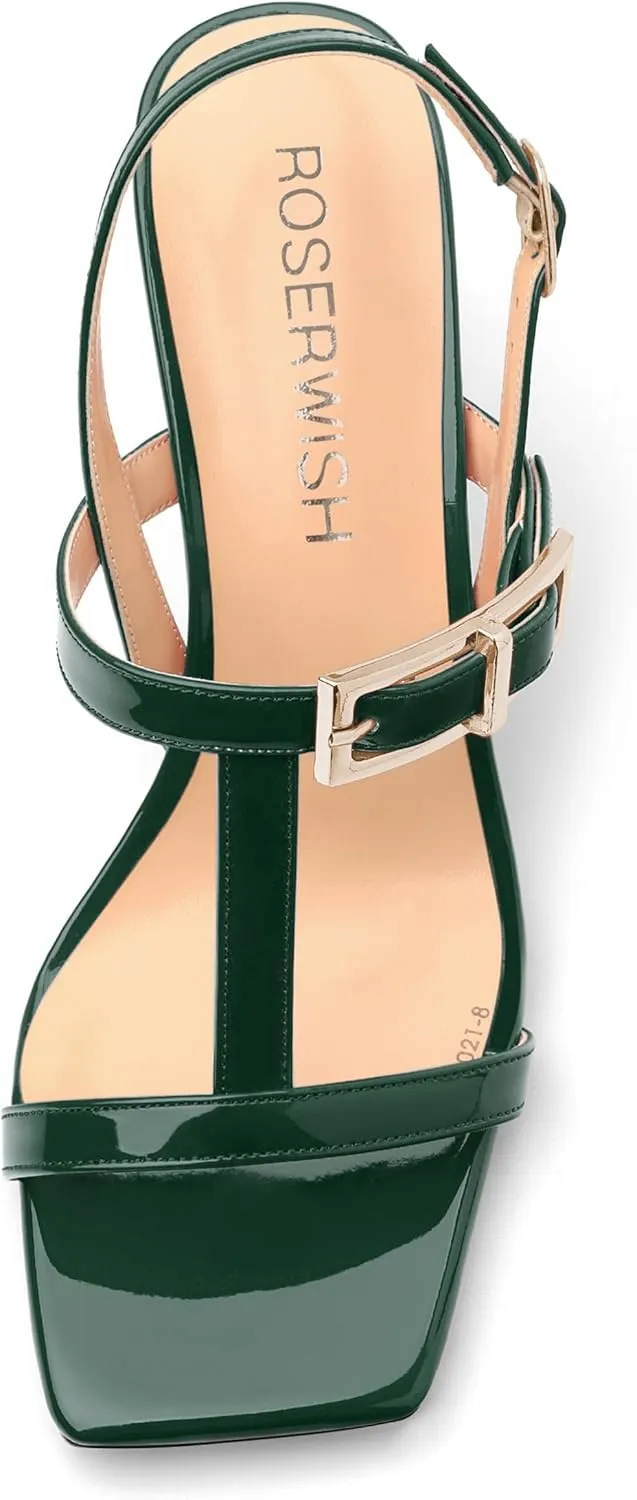ROSERWISH Women's Low kitten heel Strappy Sandals Open Square Toe Slingback Patent Heels 2 Inch Fashion Comfort Dress Shoes