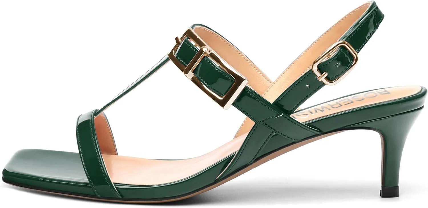 ROSERWISH Women's Low kitten heel Strappy Sandals Open Square Toe Slingback Patent Heels 2 Inch Fashion Comfort Dress Shoes
