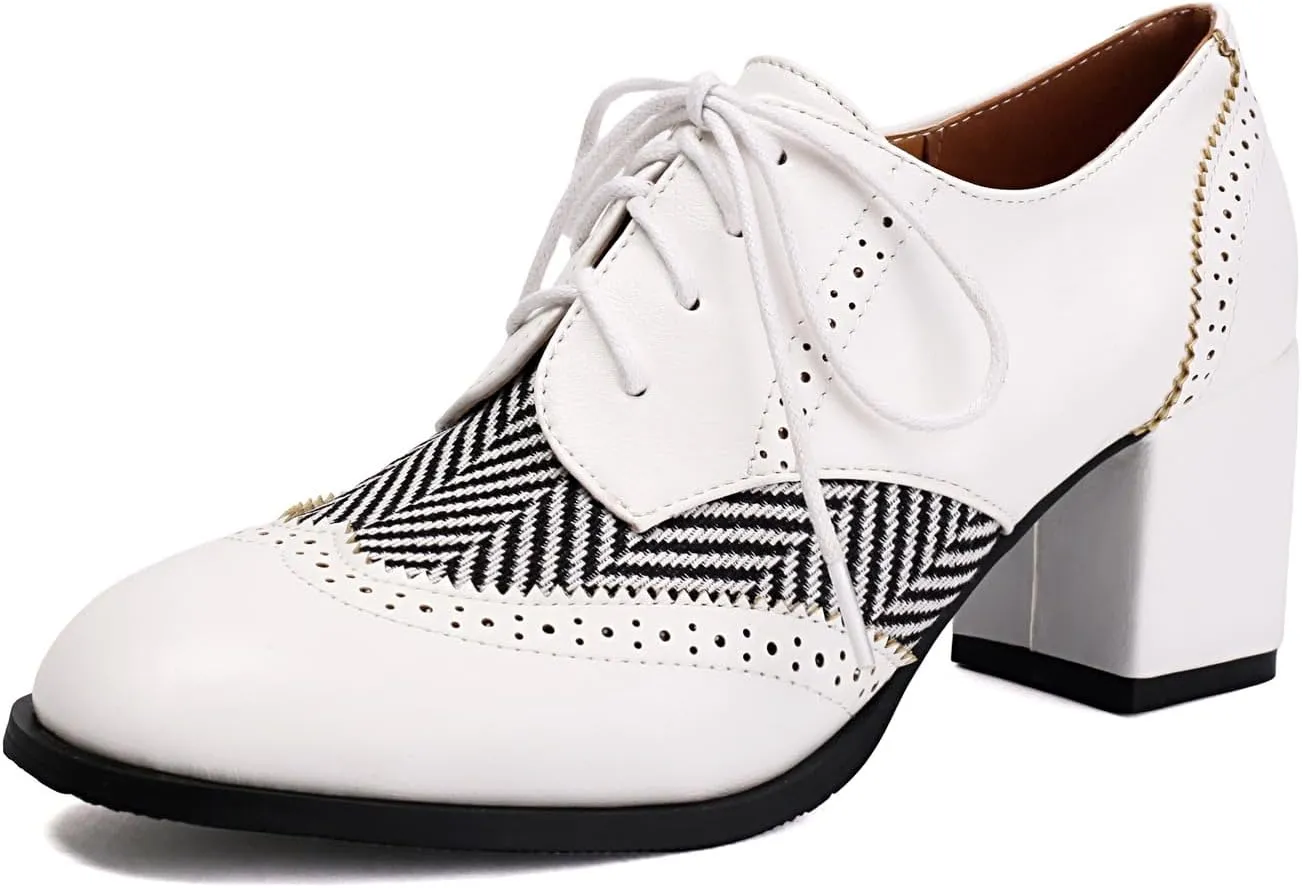 SACFOF Women's Chunky High Heels Wingtip Oxfords Round Toe Lace Up Stacked Block Heel Vintage Round Toe Brogues Pumps Shoes