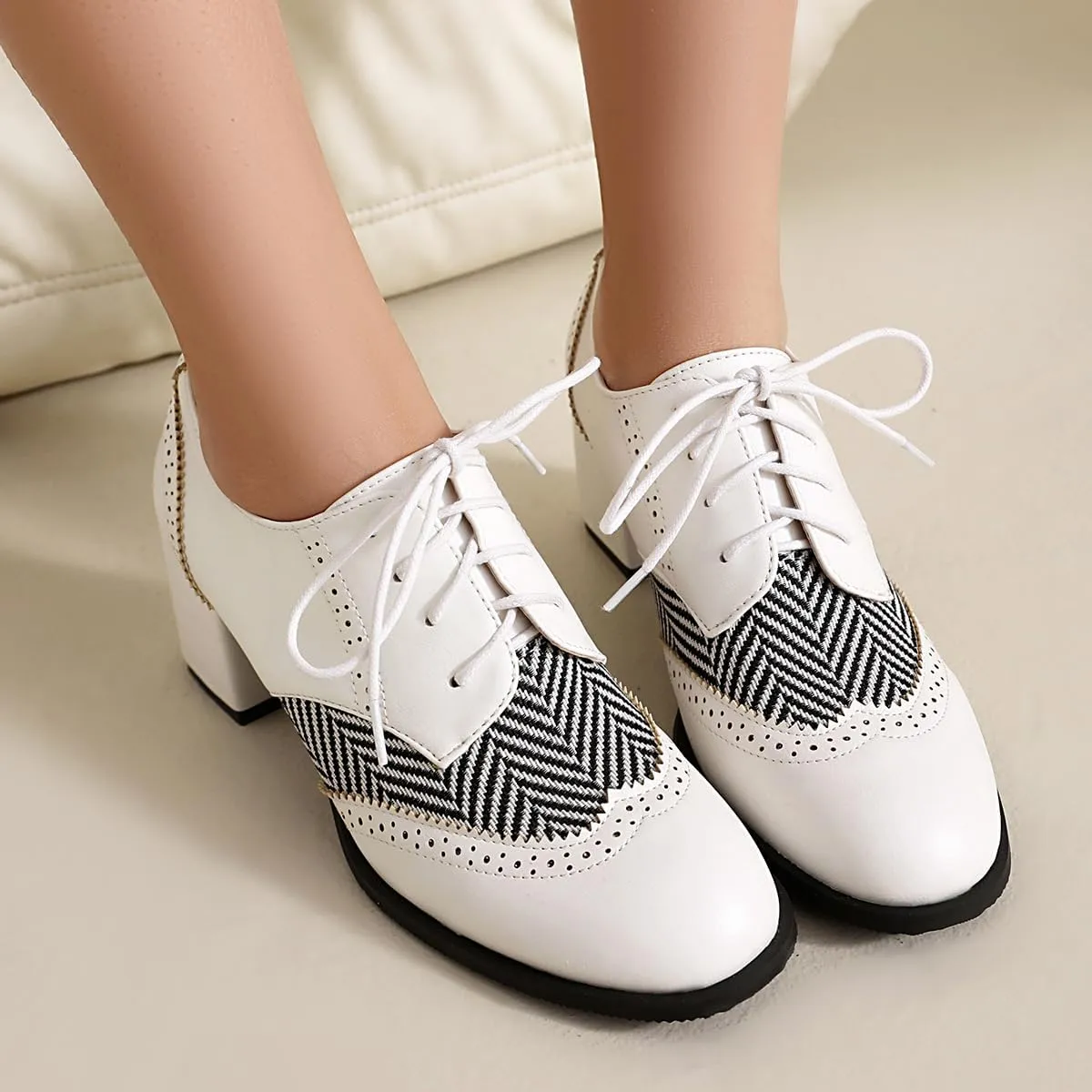 SACFOF Women's Chunky High Heels Wingtip Oxfords Round Toe Lace Up Stacked Block Heel Vintage Round Toe Brogues Pumps Shoes