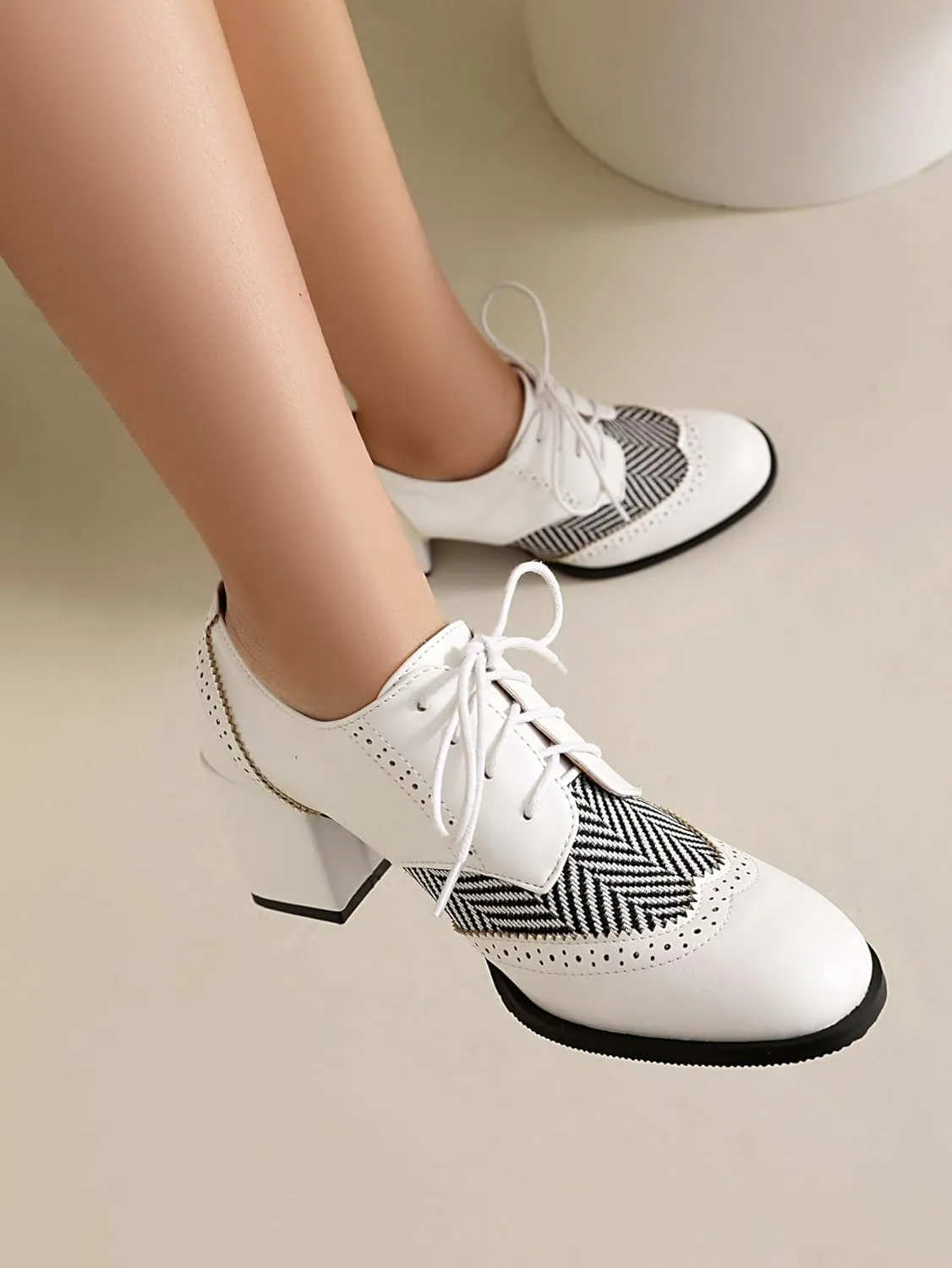 SACFOF Women's Chunky High Heels Wingtip Oxfords Round Toe Lace Up Stacked Block Heel Vintage Round Toe Brogues Pumps Shoes