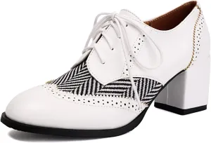 SACFOF Women's Chunky High Heels Wingtip Oxfords Round Toe Lace Up Stacked Block Heel Vintage Round Toe Brogues Pumps Shoes
