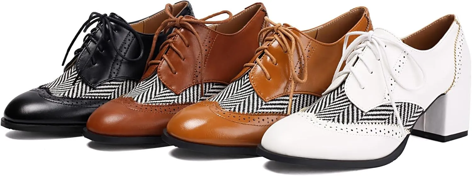 SACFOF Women's Chunky High Heels Wingtip Oxfords Round Toe Lace Up Stacked Block Heel Vintage Round Toe Brogues Pumps Shoes