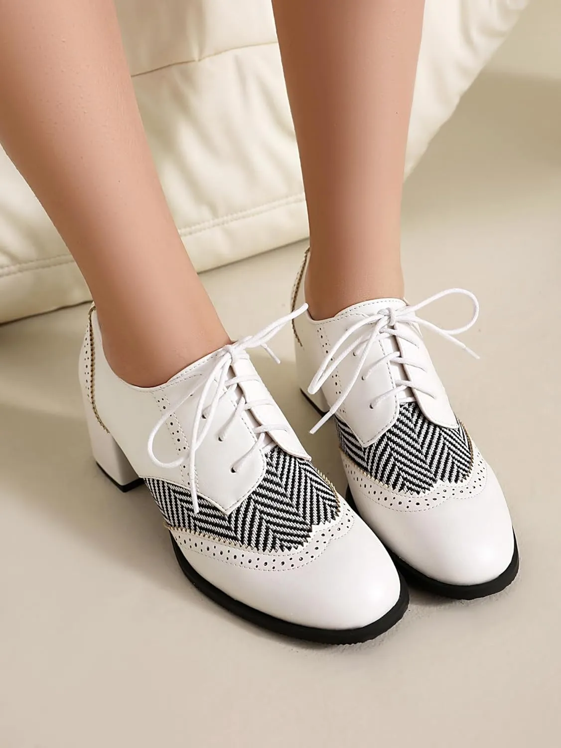 SACFOF Women's Chunky High Heels Wingtip Oxfords Round Toe Lace Up Stacked Block Heel Vintage Round Toe Brogues Pumps Shoes