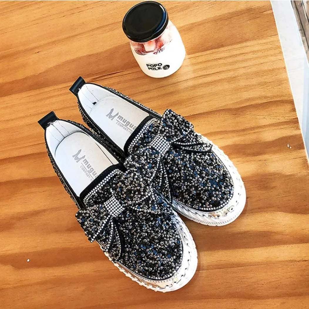 SACFOF Women's Fashion Glitter Slip On Sneakers Rhinestone Bling Platform Walking Shoes Cute Bowknot Sequin Shiny Loafers