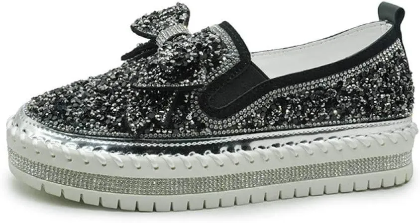 SACFOF Women's Fashion Glitter Slip On Sneakers Rhinestone Bling Platform Walking Shoes Cute Bowknot Sequin Shiny Loafers