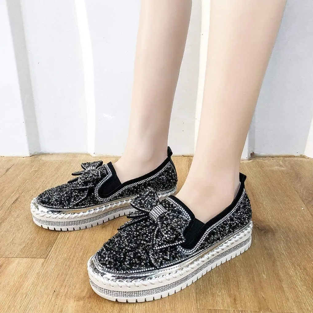 SACFOF Women's Fashion Glitter Slip On Sneakers Rhinestone Bling Platform Walking Shoes Cute Bowknot Sequin Shiny Loafers
